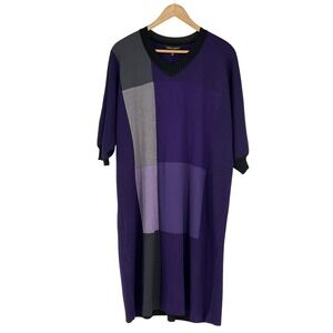 Ming Wang Purple Black Stripe V Neck Short Sleeve Knit Midi Dress Size L